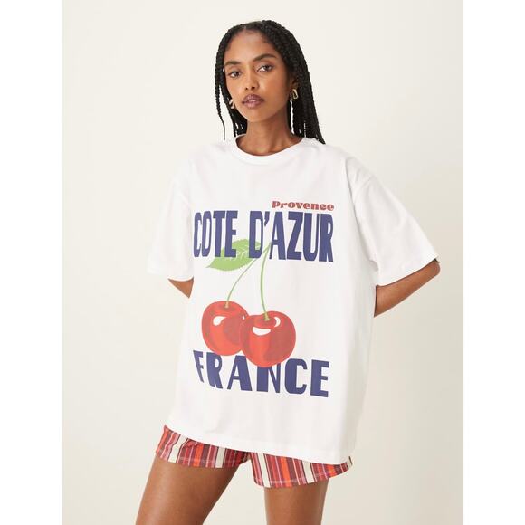 ASOS DESIGN Oversized France Cherry Graphic T-Shirt White Cotton Tee NEW - Picture 1 of 9